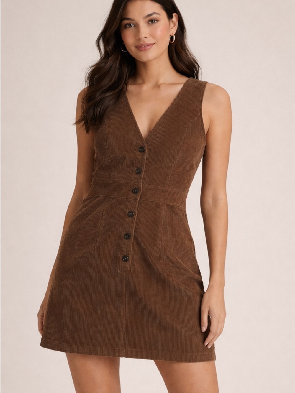 442. Brown Corduroy Button Front Mini Dress Sleeveless Fall Neutral - Picture 1 of 3